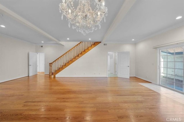 4601 W 191st St, Torrance, CA 90503 - unfurnished living room featuring an inviting chandelier, ornamental molding, stairs, and light wood-type flooring