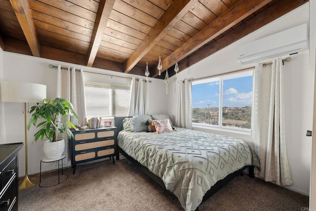 bedroom featuring a wall mounted air conditioner, lofted ceiling with beams, carpet floors, and wood ceiling