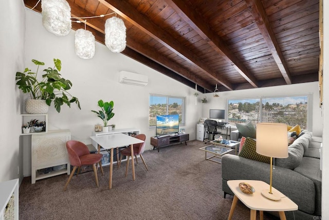 carpeted living room with lofted ceiling with beams, a wall unit AC, a healthy amount of sunlight, and wood ceiling