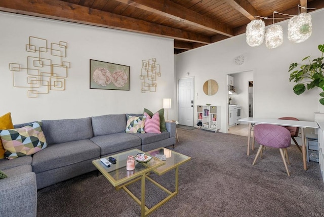 carpeted living room featuring beamed ceiling and wood ceiling