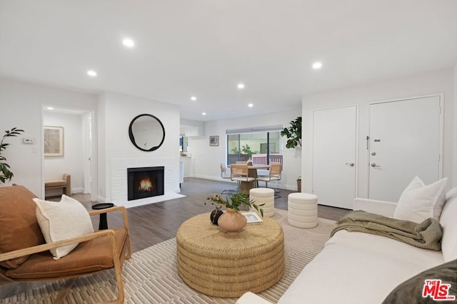 living room with a fireplace and dark wood-type flooring