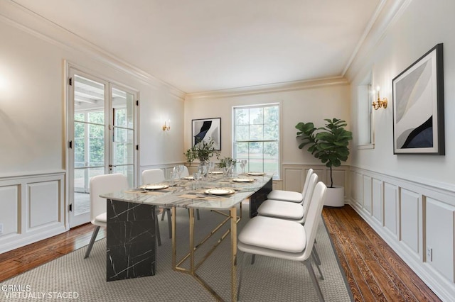 dining room featuring ornamental molding, plenty of natural light, and dark hardwood / wood-style floors