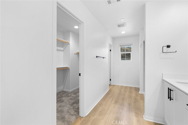 bathroom with hardwood / wood-style flooring and vanity