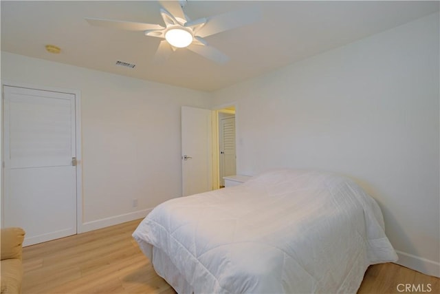 bedroom featuring ceiling fan and wood-type flooring