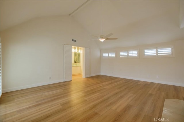 unfurnished room featuring beamed ceiling, high vaulted ceiling, light hardwood / wood-style flooring, and ceiling fan