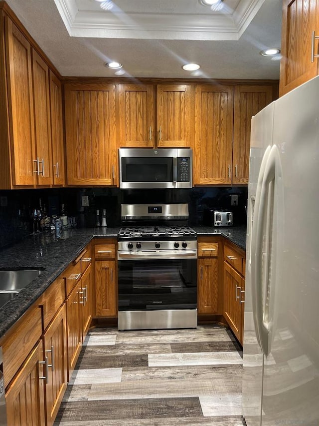 kitchen with tasteful backsplash, dark stone countertops, a tray ceiling, stainless steel appliances, and ornamental molding