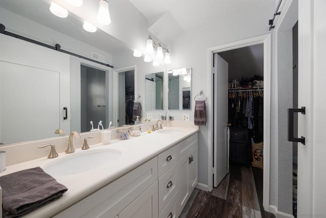 bathroom featuring hardwood / wood-style flooring and vanity