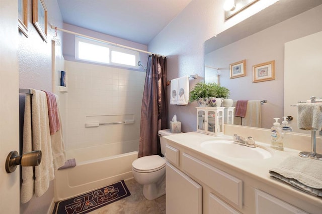 full bathroom with toilet, vanity, tile patterned flooring, and shower / bath combination with curtain