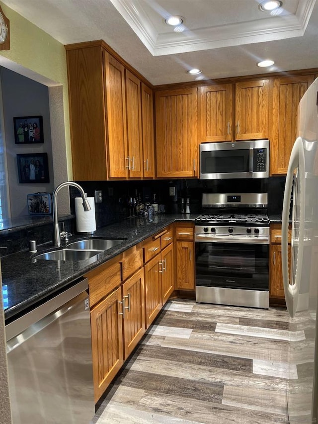 kitchen with appliances with stainless steel finishes, crown molding, a raised ceiling, and sink