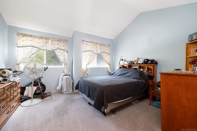 carpeted bedroom featuring lofted ceiling