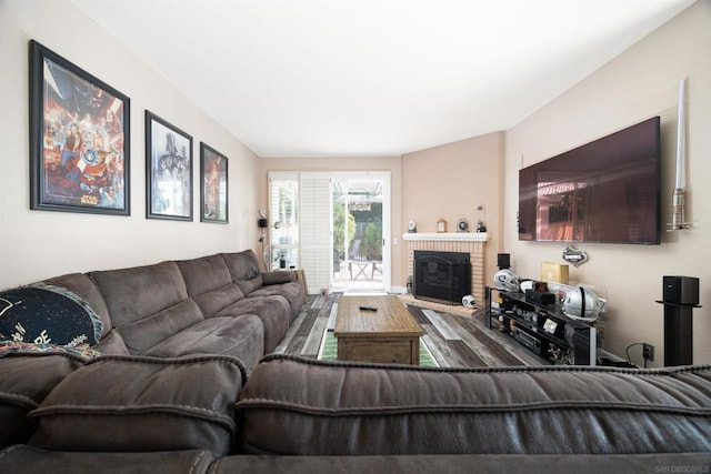 living room with a fireplace