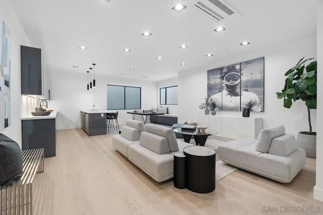 living room featuring light hardwood / wood-style flooring and sink