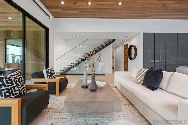 living room featuring wood ceiling