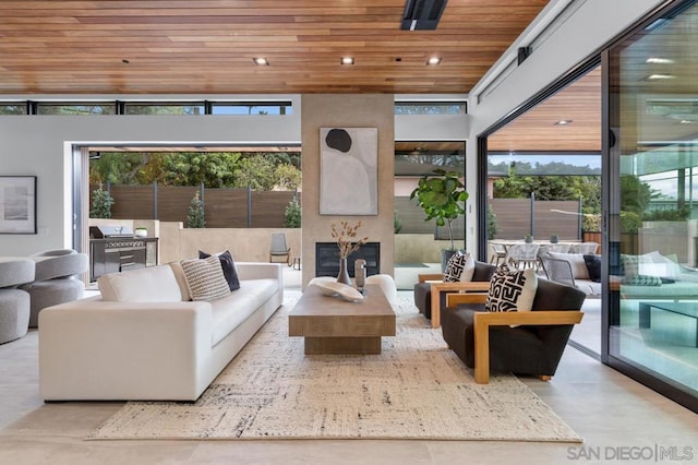 living room with wooden ceiling