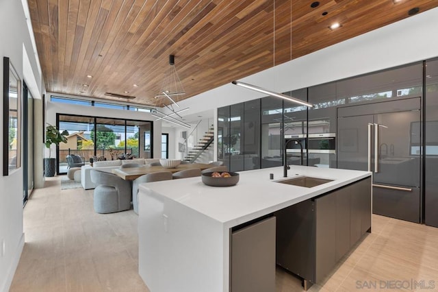 kitchen featuring sink, an island with sink, wood ceiling, and paneled fridge