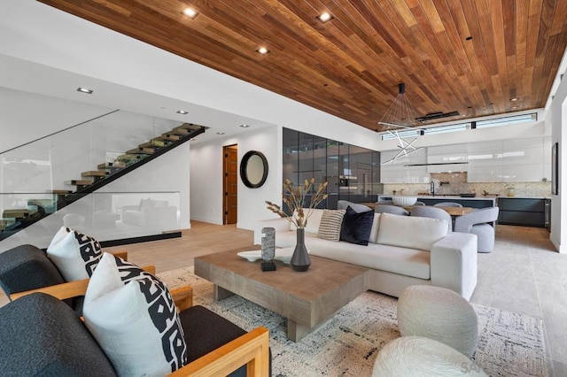 living room with wood ceiling