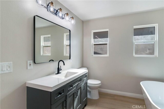 bathroom with a washtub, vanity, wood-type flooring, toilet, and plenty of natural light