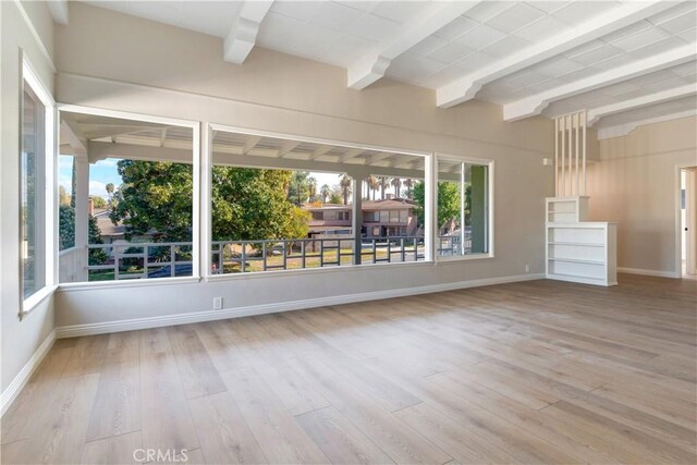 unfurnished living room featuring beam ceiling and light hardwood / wood-style floors