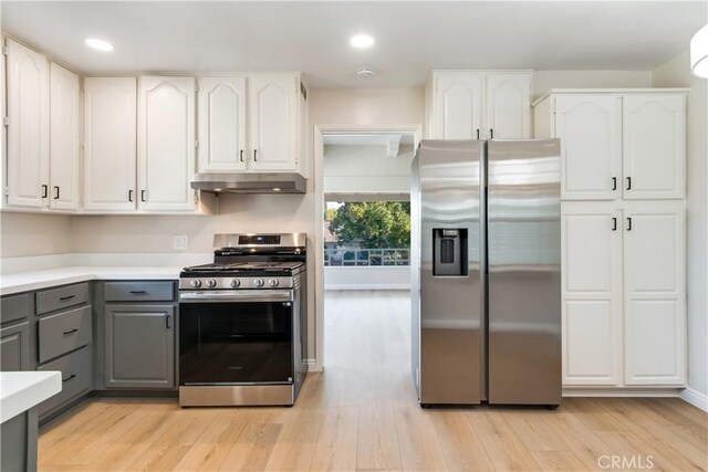 kitchen with gray cabinets, white cabinetry, stainless steel appliances, and light wood-type flooring