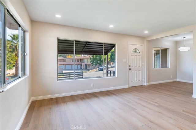 foyer entrance with light hardwood / wood-style flooring and a wealth of natural light