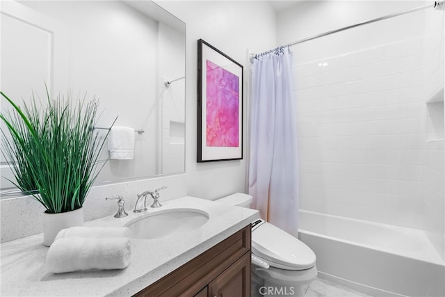 bathroom with vanity, toilet, and shower / bathtub combination with curtain