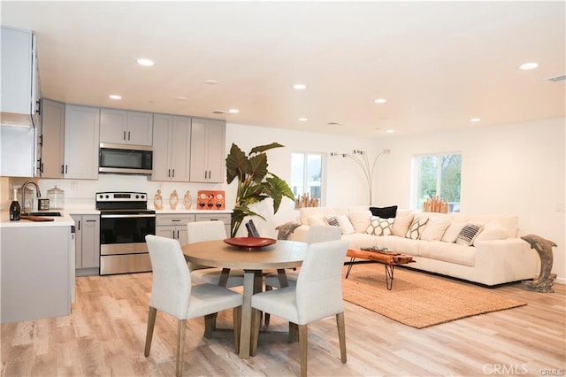 kitchen featuring light wood-type flooring, stainless steel appliances, gray cabinets, and sink