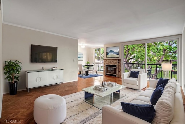 living room featuring parquet floors and crown molding