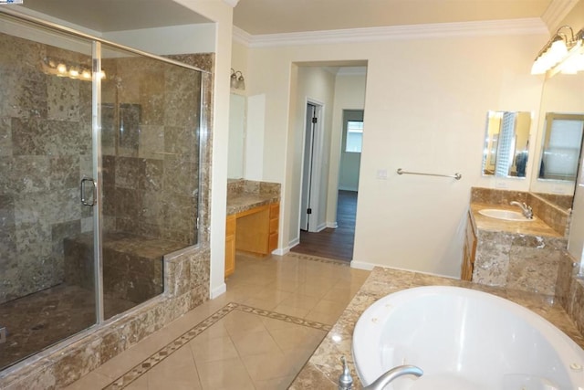 bathroom with tile patterned floors, vanity, crown molding, and plus walk in shower