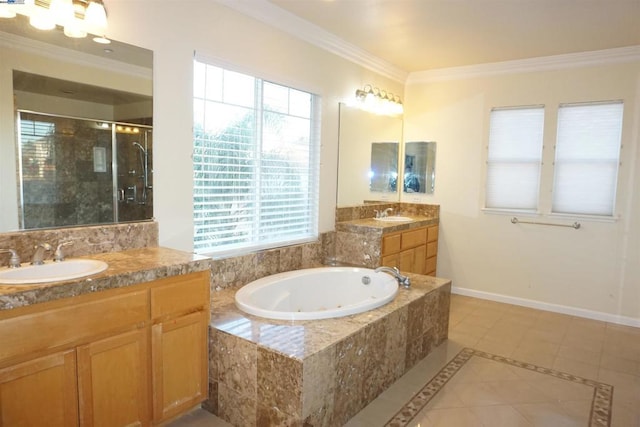 bathroom with plus walk in shower, vanity, tile patterned floors, and crown molding