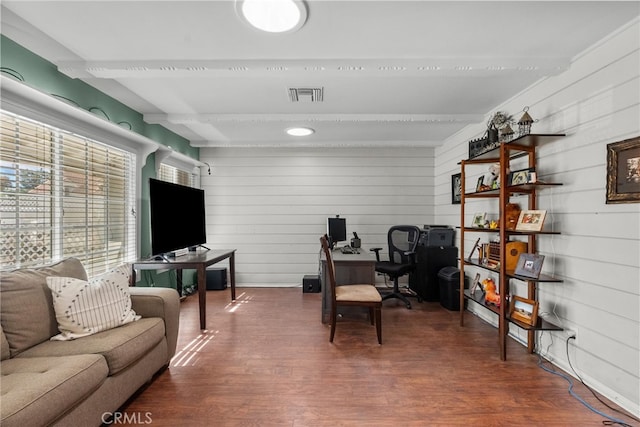 home office featuring beam ceiling, dark hardwood / wood-style flooring, and wood walls