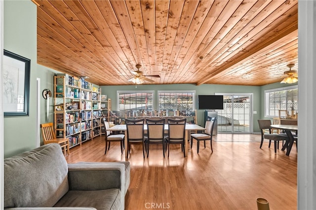 dining room with wood-type flooring, lofted ceiling with beams, a wealth of natural light, and wood ceiling