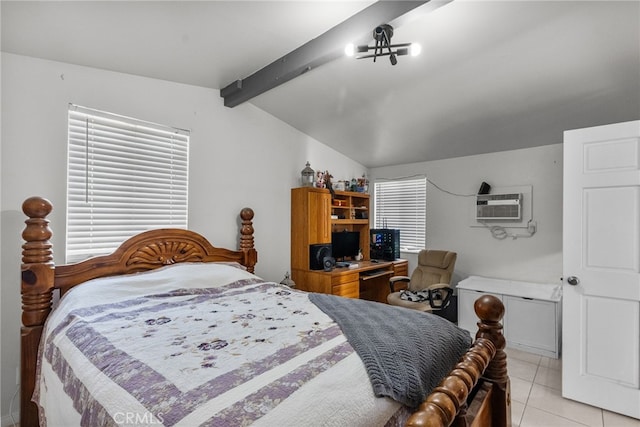 tiled bedroom with a wall mounted AC and lofted ceiling with beams