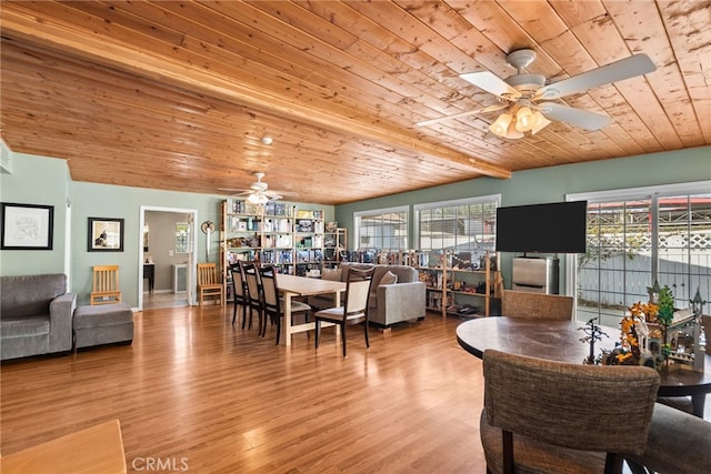 dining space with vaulted ceiling with beams, wooden ceiling, and light wood-type flooring