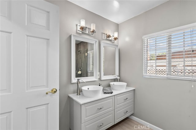 bathroom with hardwood / wood-style flooring and vanity