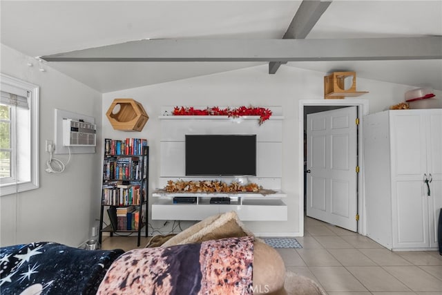 tiled living room with a wall mounted air conditioner and vaulted ceiling with beams