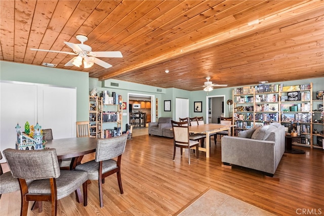 dining area featuring ceiling fan, hardwood / wood-style floors, beamed ceiling, and wood ceiling