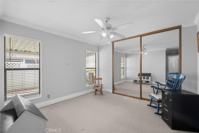 office featuring ceiling fan, ornamental molding, and carpet floors