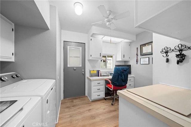 laundry area with ceiling fan, cabinets, independent washer and dryer, and light wood-type flooring