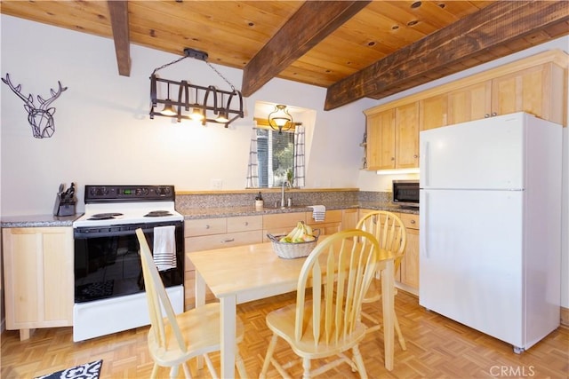 kitchen with beam ceiling, light brown cabinets, wooden ceiling, light parquet floors, and white appliances