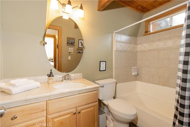 full bathroom with shower / tub combo with curtain, vanity, wooden ceiling, and toilet