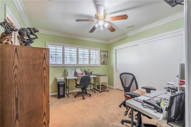 carpeted office with crown molding and ceiling fan