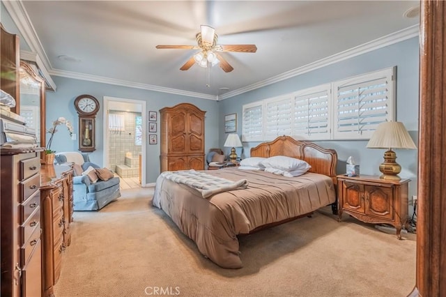 carpeted bedroom featuring connected bathroom, ceiling fan, and ornamental molding