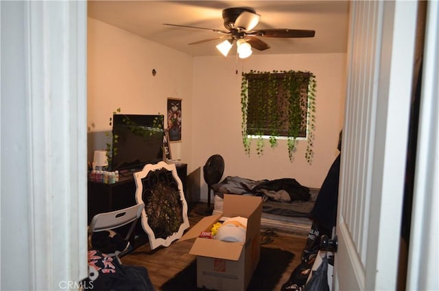 bedroom with wood-type flooring and ceiling fan