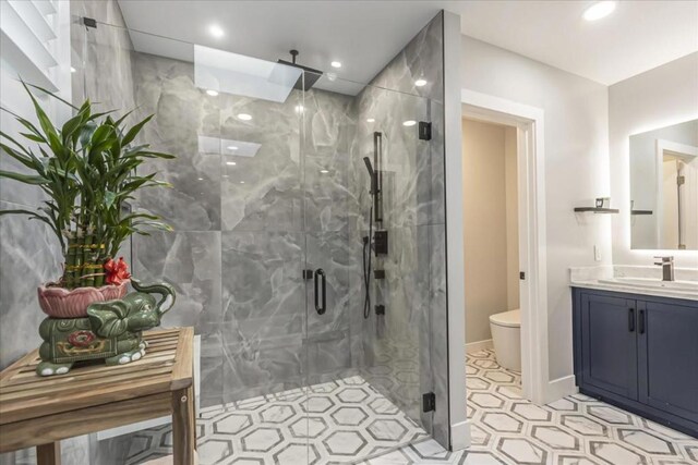 bathroom with vanity, toilet, and walk in shower