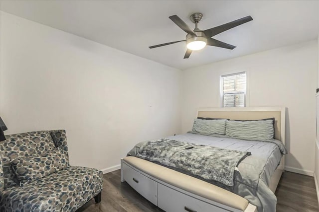 bedroom featuring ceiling fan and dark wood-type flooring