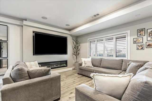 living room with light hardwood / wood-style floors and a raised ceiling