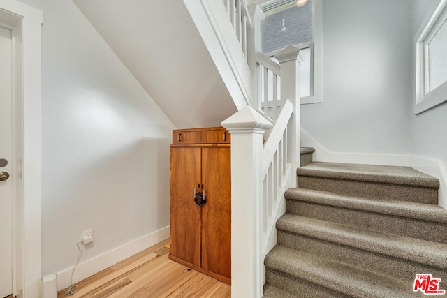 stairway with hardwood / wood-style flooring