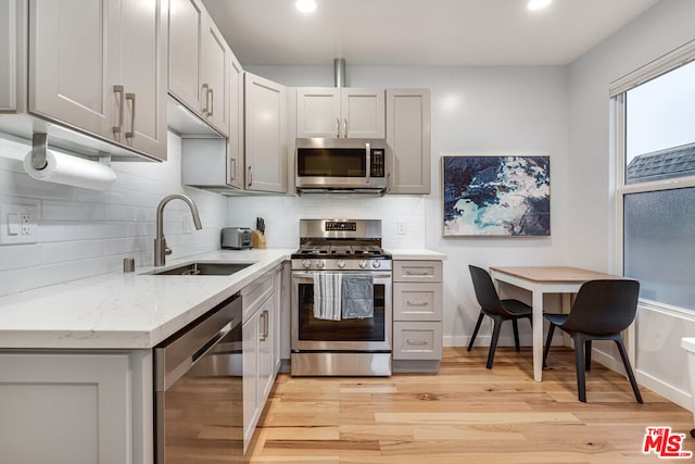 kitchen with stainless steel appliances, decorative backsplash, sink, gray cabinets, and light hardwood / wood-style flooring