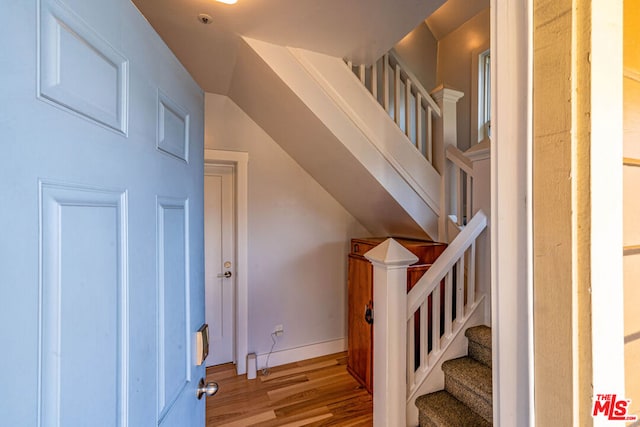 staircase with hardwood / wood-style flooring