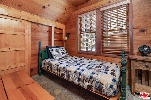 carpeted bedroom featuring wood walls, lofted ceiling, and wood ceiling